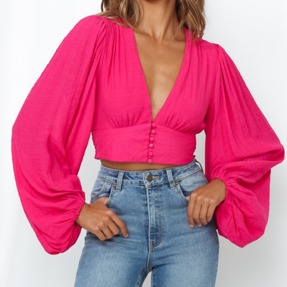 Sndys. Barbie Pink Deep V Cropped Blouse With Lantern Sleeves Crop Blous…